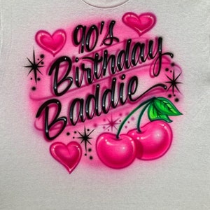 Airbrushed T-shirt  *  Birthday * Cherries * Hearts * You Choose Color * 90&#39;s