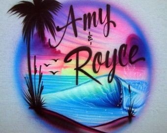 Airbrush T-Shirt - Strandszene - Airbrush T-Shirt - Name - Personalisiert - Individuell - Geschenk - 2 Namen
