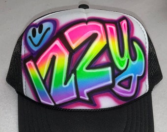 Airbrushed Trucker Hat * Rainbow * Block letters * Happy emoji