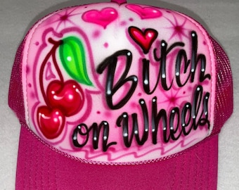 Airbrushed Trucker Hat * Cherries * Hearts * Bitch on Wheels *