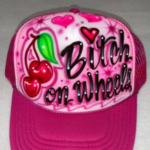 Airbrushed Trucker Hat * Cherries * Hearts * Bitch on Wheels *