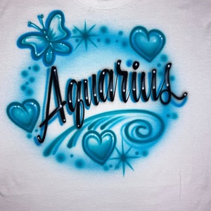Airbrush T-Shirt - Your Zodiac - Hearts - Butterfly - Aquarius - Pisces