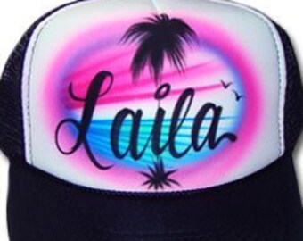 Airbrushed Trucker Hat *Beach Scene* One Word