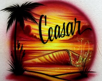 Airbrush T-shirt - Beach Scene - Sunset - Airbrushed T-Shirt - Name - Personalized - Custom - Gift