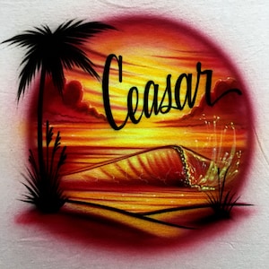Airbrush T-shirt - Beach Scene - Sunset - Airbrushed T-Shirt - Name - Personalized - Custom - Gift