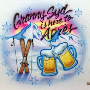 Airbrush T-shirt - Skiing - Snow - Beer - Mountains - Snowflakes - Vacation - Personalized