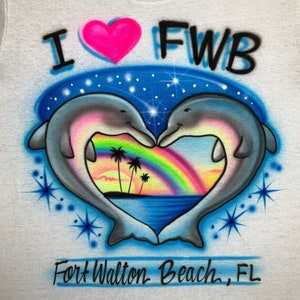 Airbrush-T-shirt * Dolfijnenhart * Strand * Regenboog * Starscape
