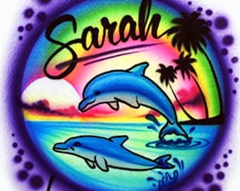 Airbrush T-Shirt * Glückliche Delfine * Deine Name /Worte