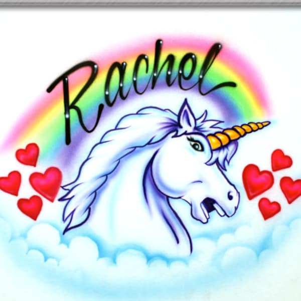 Airbrushed T-shirt - Unicorn - Rainbow - Hearts - Your Word -  Personalize