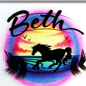 Airbrushed  T-Shirt * Horse on Beach * Your Name/Word