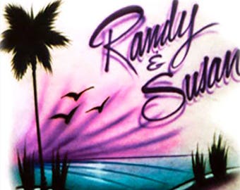 Airbrushed T-shirt  2 Name Beach Scene with Birds * Your Name * You Choose Color