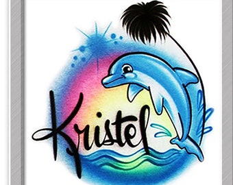 Airbrushed  T-Shirt * Cute Dolphin Design * Your Name/Word