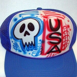Airbrush Trucker Hat - USA - Skull - Airbrushed Trucker Hat - Custom - Personalized - Gift