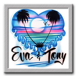 May include: A blue heart-shaped design with a sunset scene, two palm trees, and the names "Eva & Tony" written in black cursive.