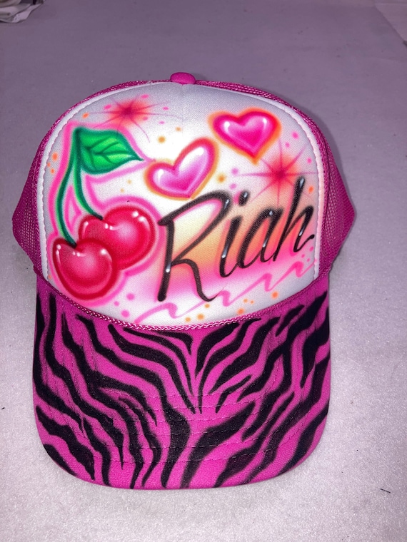 Airbrushed Trucker Hat * Cherries * Hearts * Zebra Stripes  display picture 2
