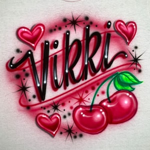 T-shirt peint à l'aérographe * Nom avec cerises * Cœurs * Fruits * Cerise