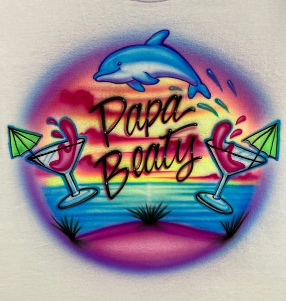 Airbrush T-shirt - Martini Beach Dolphin Scene - Alcohol - Drink