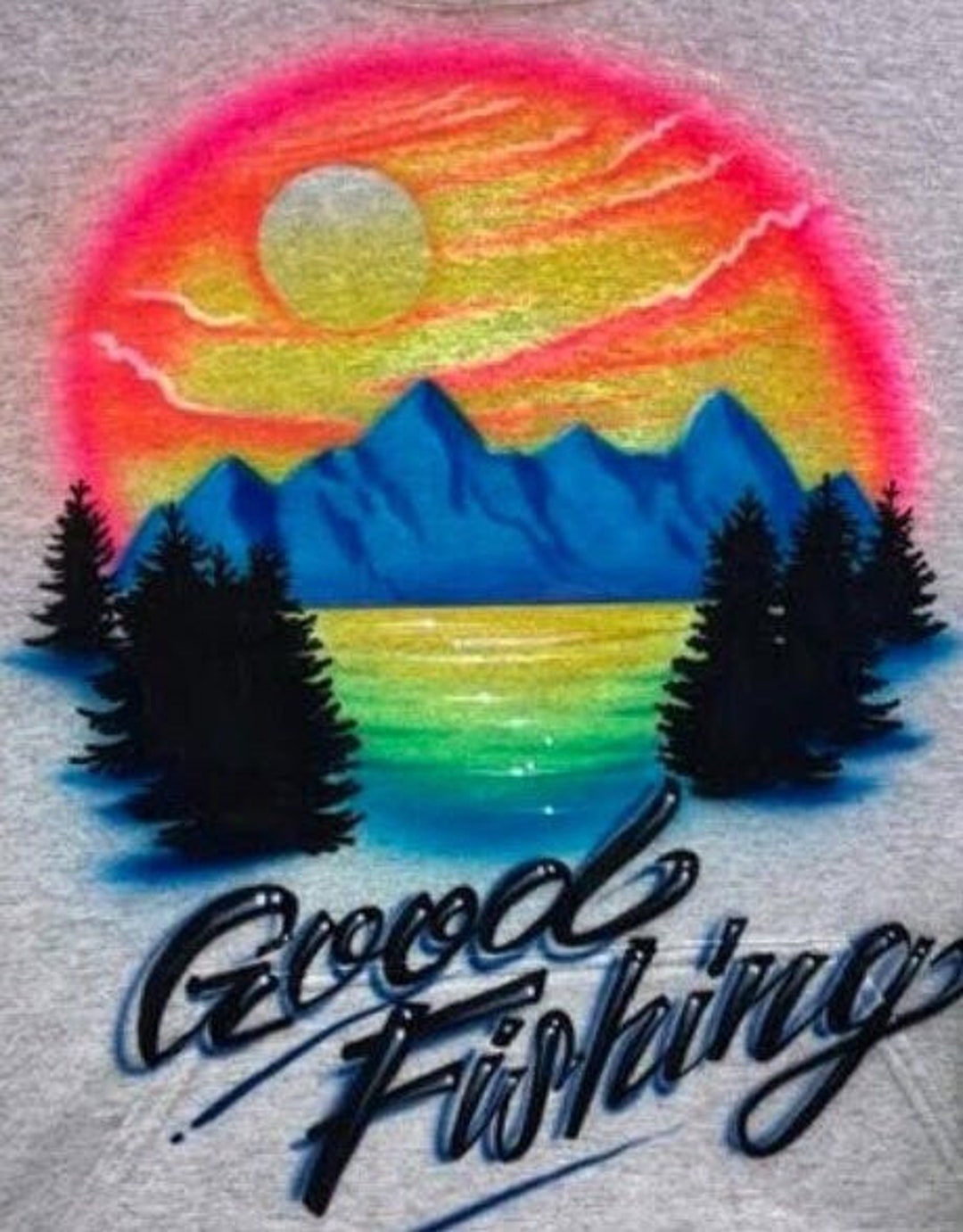 Airbrush T-shirt - Mountain Scene - Fishing - Personalized