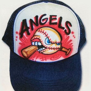 Airbrushed Trucker Hat * Baseball or Softball * Crunching Bat * Your Team * Any Word * Biting