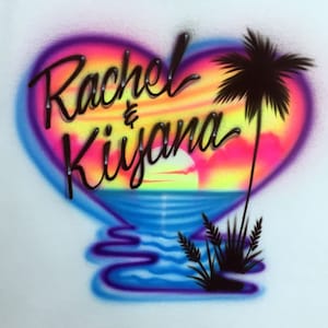 Heart Beach Scene with Sunset Airbrushed T-Shirt - 2 Names