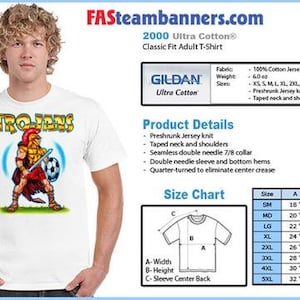 May include: White Gildan Ultra Cotton t-shirt with a cartoon Trojan warrior holding a sword and football. The shirt features the word "Trojans" in gold and blue. Includes product details and a size chart.