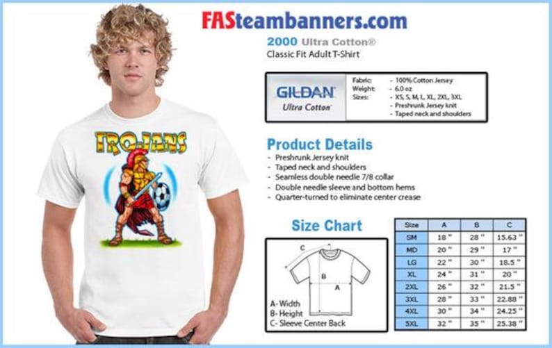 May include: White Gildan Ultra Cotton t-shirt with a cartoon Trojan warrior holding a sword and football. The shirt features the word "Trojans" in gold and blue. Includes product details and a size chart.
