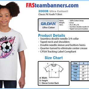 May include: White youth t-shirt with a soccer ball graphic and the name "Jackie" printed on the front. The shirt is made of 100% cotton jersey and has a classic fit. The size chart shows measurements in inches.