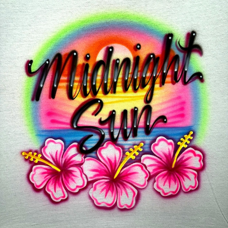 Midnight Sun Airbrush Shirt — Beach Sunset & Hibiscus Flower image 1
