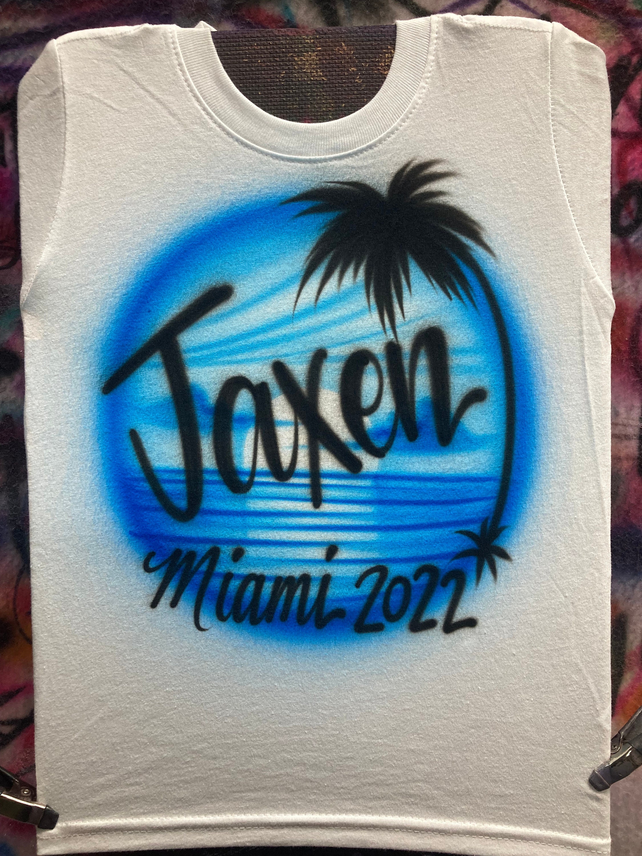 Airbrush T-shirt - Beach Scene - Sunset - Palm Tree - Personalized