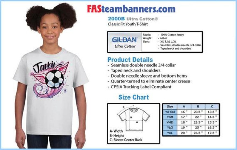May include: White youth t-shirt with a pink and purple soccer ball graphic and the name "Jackie" in black text. The shirt is a Gildan Ultra Cotton 2000B Classic Fit Youth T-Shirt.
