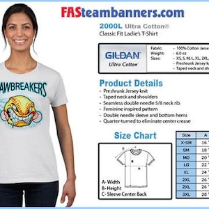 May include: White t-shirt with a softball graphic and the text "JAWBREAKERS". The shirt is made of 100% cotton jersey and has a classic fit. The size chart shows measurements in inches.
