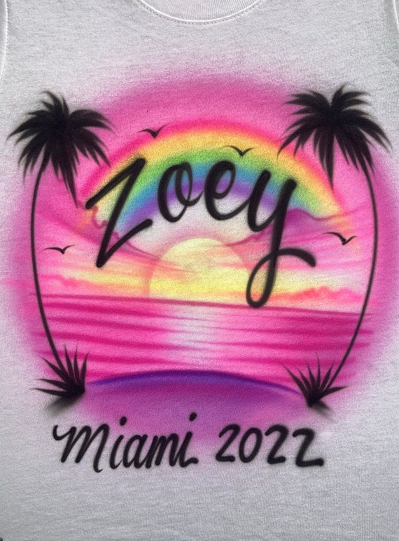 Airbrush T-shirt - Beach Scene - Sunset - Rainbow - Palm Trees