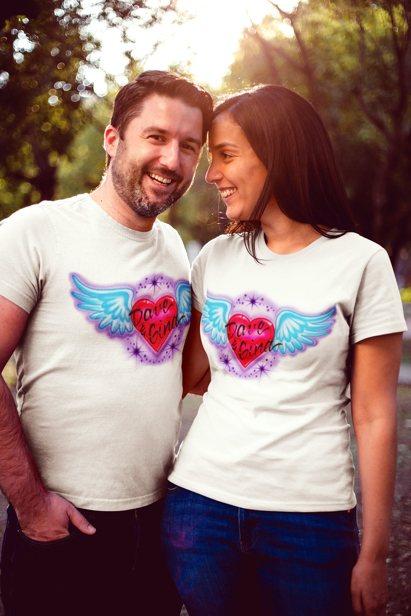 Airbrushed T-shirt Couples Heart Design 