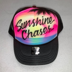 Airbrushed Trucker Hat *Beach * Sunset * Palm Tree * Two Words