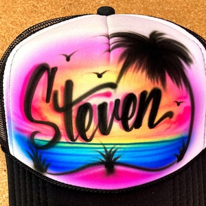 Airbrushed Trucker Hat *Beach * One Word * colorful