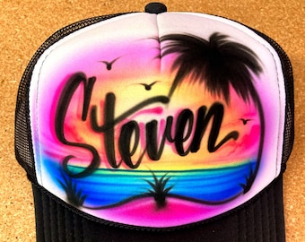 Airbrushed Trucker Hat *Beach * One Word * colorful