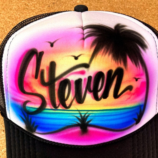 Airbrushed Trucker Hat *Beach * One Word * colorful