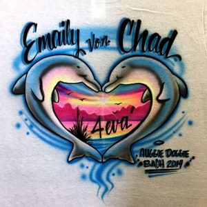 Airbrushed T-shirt * Dolphin Heart * Beach * Sunset