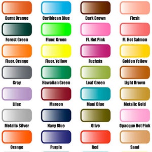 May include: A color chart with 24 different paint colors, including red, blue, green, yellow, orange, brown, purple, and gray. Each color is labeled with its name.