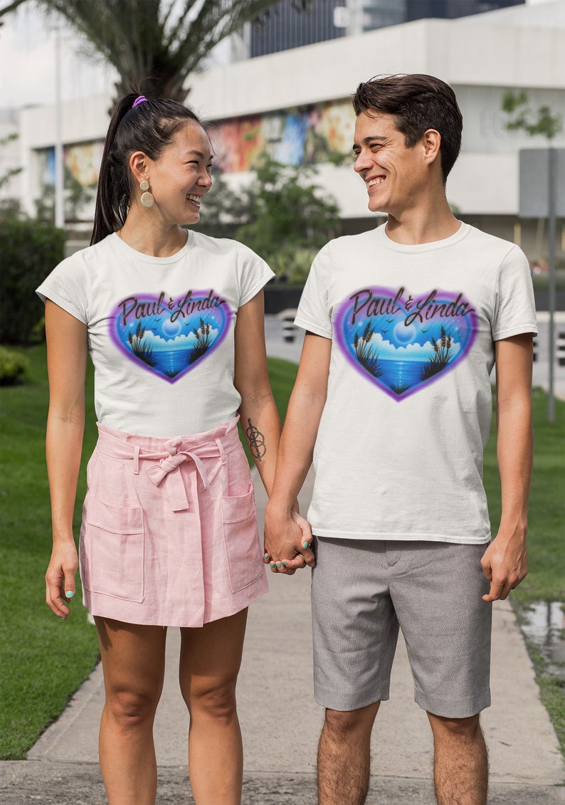 Airbrush Tshirt Heart Couples Beach Design Etsy