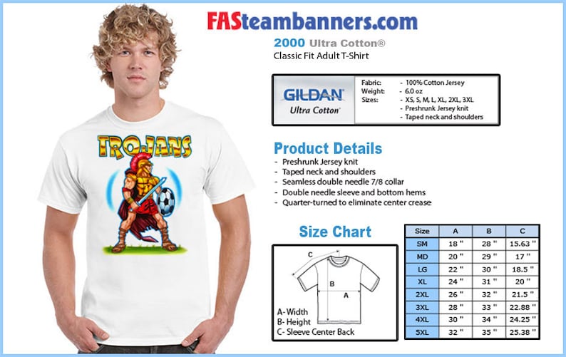 May include: White t-shirt with a graphic of a cartoon Trojan warrior holding a sword and soccer ball. The shirt is a Gildan Ultra Cotton 2000 Classic Fit Adult T-Shirt. The text "TROJANS" is printed in black above the graphic. The shirt is available in sizes XS to 3XL.
