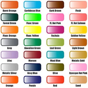 May include: A colour chart showcasing a range of hues, each presented in a rectangular shape with rounded corners. The chart includes shades of red, orange, green, blue, purple, and yellow, plus metallic and neutral tones. Each colour is labelled with its name.