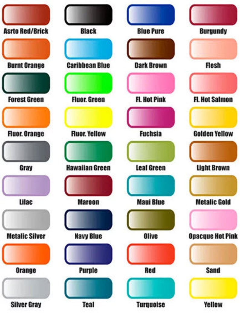 May include: A colour chart showcasing a range of hues, each presented in a rectangular shape with rounded corners. The chart includes shades of red, orange, green, blue, purple, and yellow, plus metallic and neutral tones. Each colour is labelled with its name.