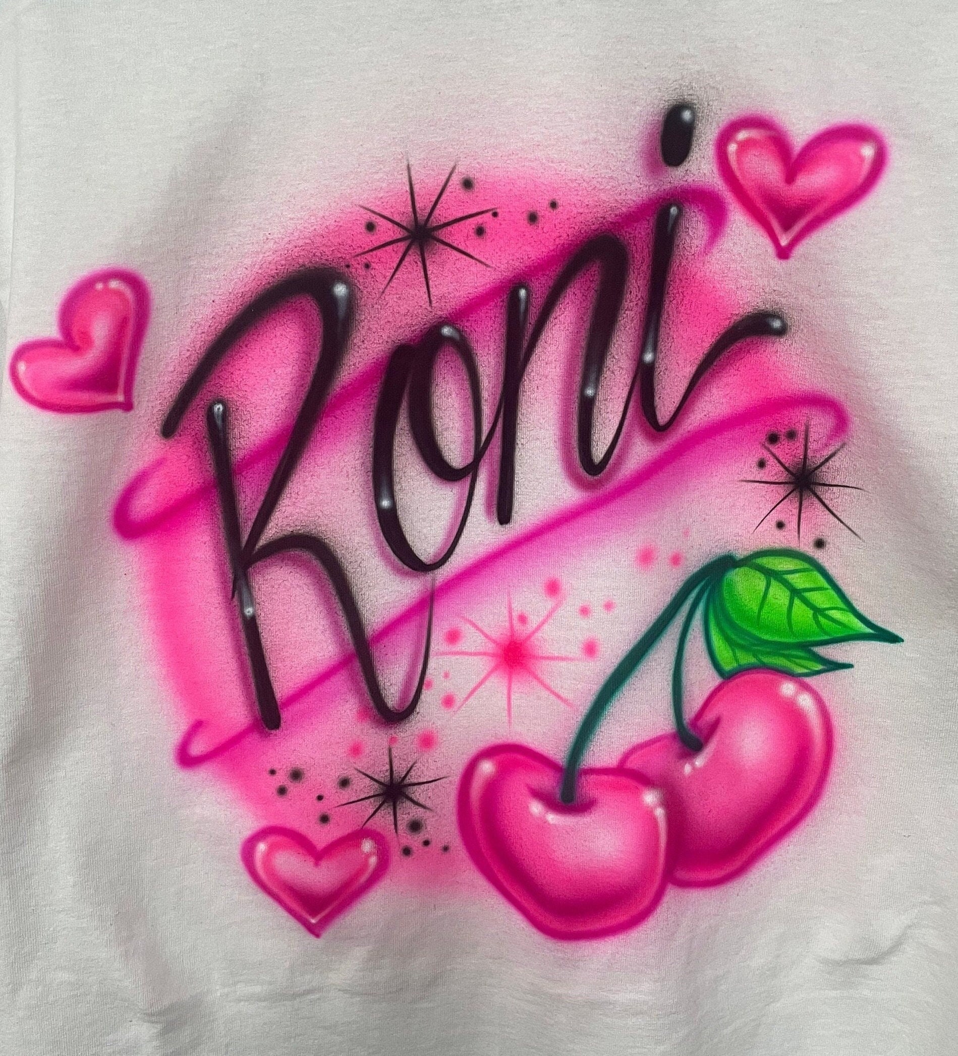 Name with Cherries and hearts airbrushed t-shirt