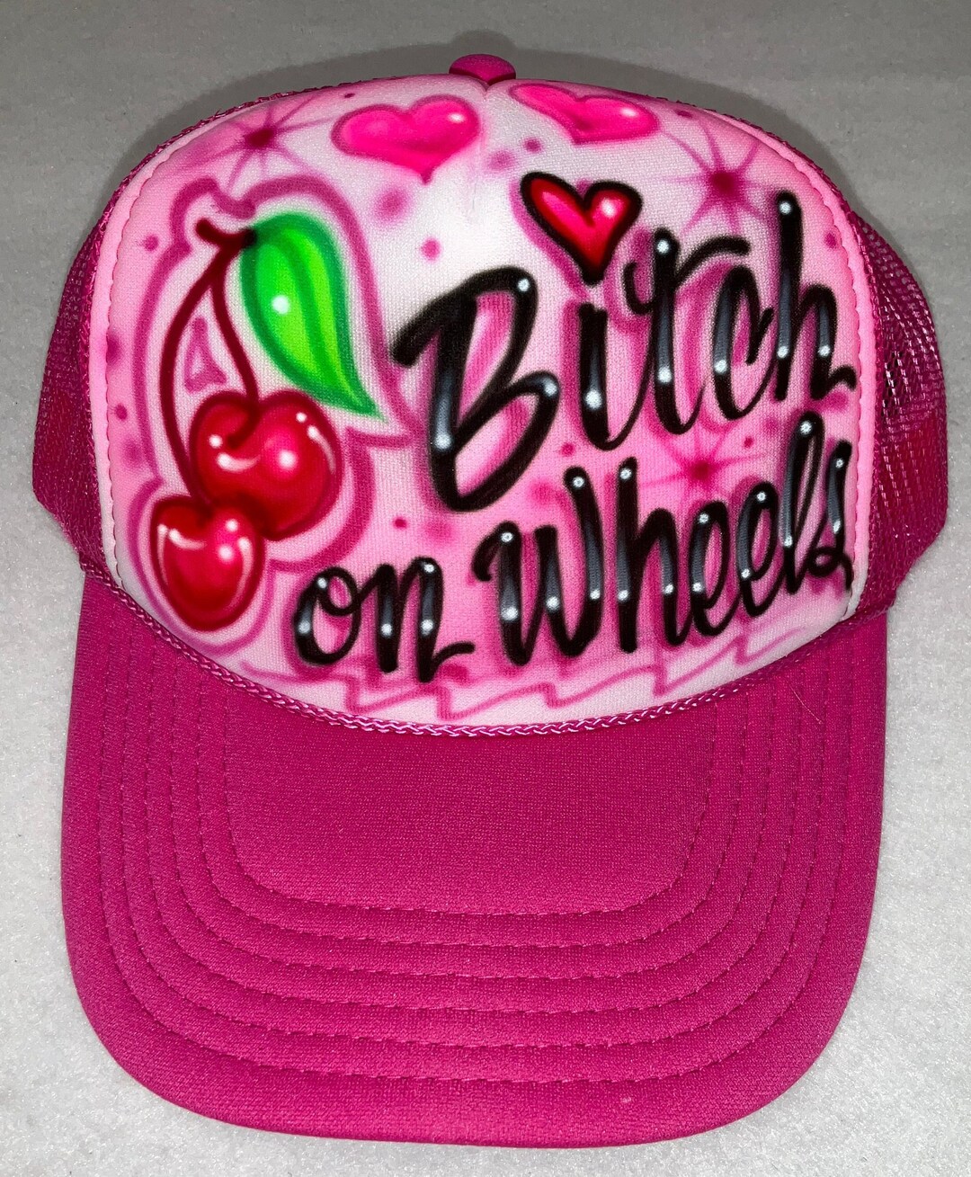 Airbrushed Trucker Hat * Cherries * Hearts * Bitch on Wheels  display picture 1