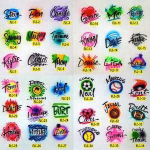 May include: A selection of airbrushed name designs in diverse colours and styles. Each design features a name, such as "Steve," "Grace," or "Sammy," with unique font and background effects. The designs are labelled with codes like "FLC-1."