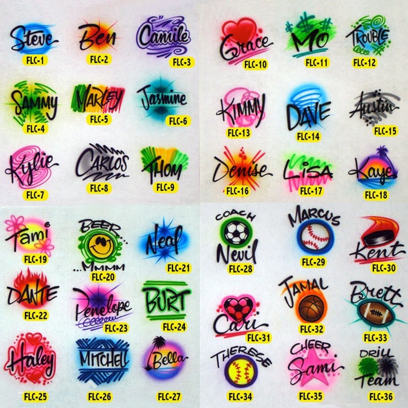 May include: A selection of airbrushed name designs in diverse colours and styles. Each design features a name, such as "Steve," "Grace," or "Sammy," with unique font and background effects. The designs are labelled with codes like "FLC-1."