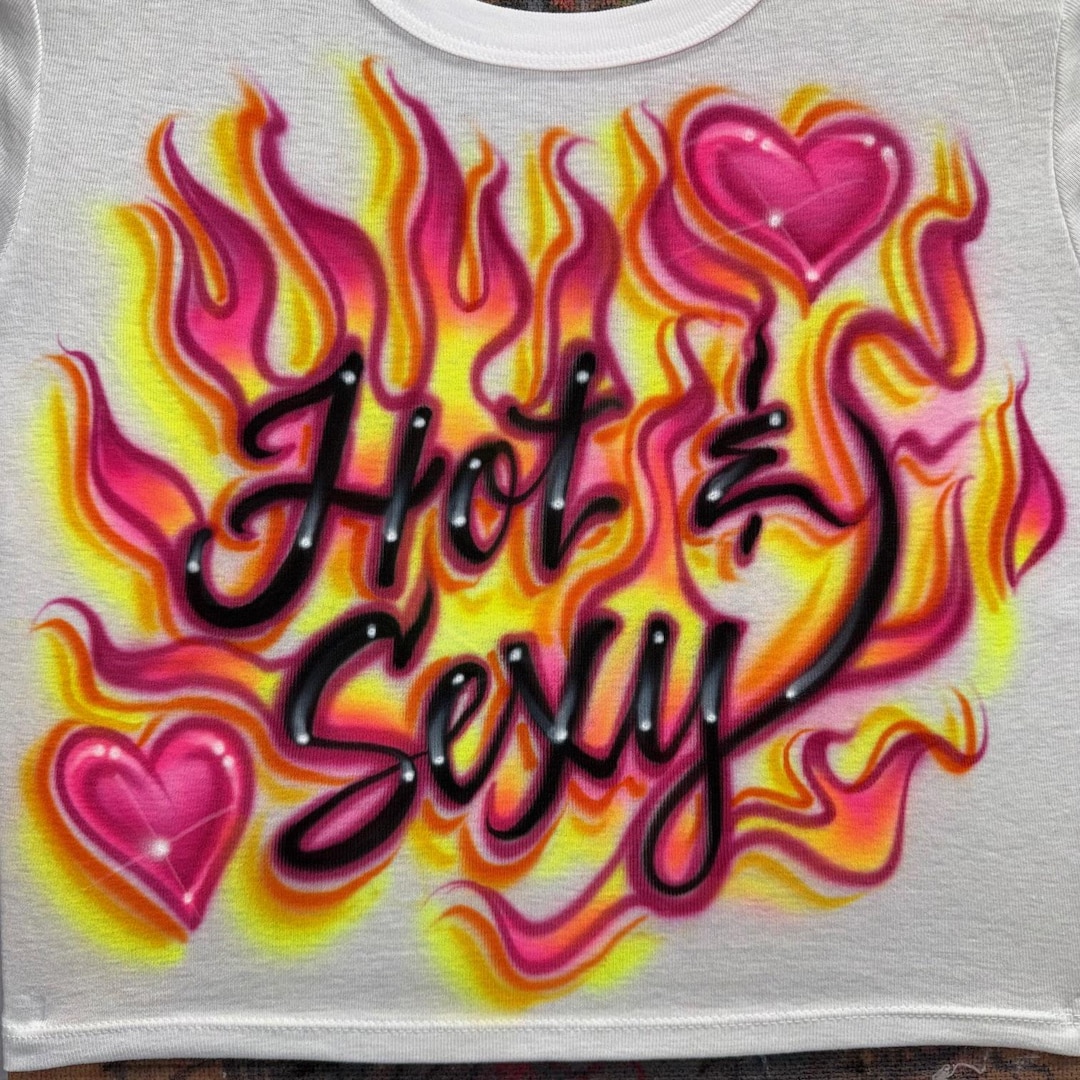 Hot and Sexy Airbrush Shirt – Flames & Hearts Design, Y2K Fire