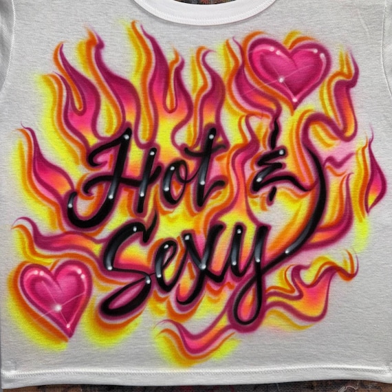 Hot and Sexy Airbrush Shirt – Flames & Hearts Design, Y2K Fire