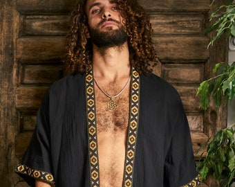 Jaqueta Quimono Preta de Algodão Orgânico, Robe Boho com Borda Étnica